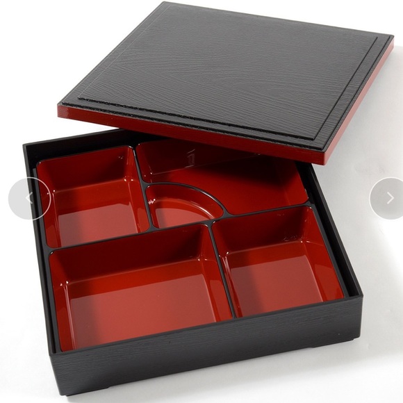 Traditional Black & Red Bento Box. 9 1/2” Square. Very Good Used Condition - Picture 2 of 4